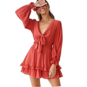 Hello Molly  Lost Somebody Gauze Long Sleeve Mini Dress Sz S/4 Front Tie Ruffles